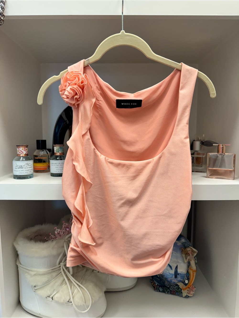 White Fox Boutique Peach Ruffle One-Shoulder Tank Top
